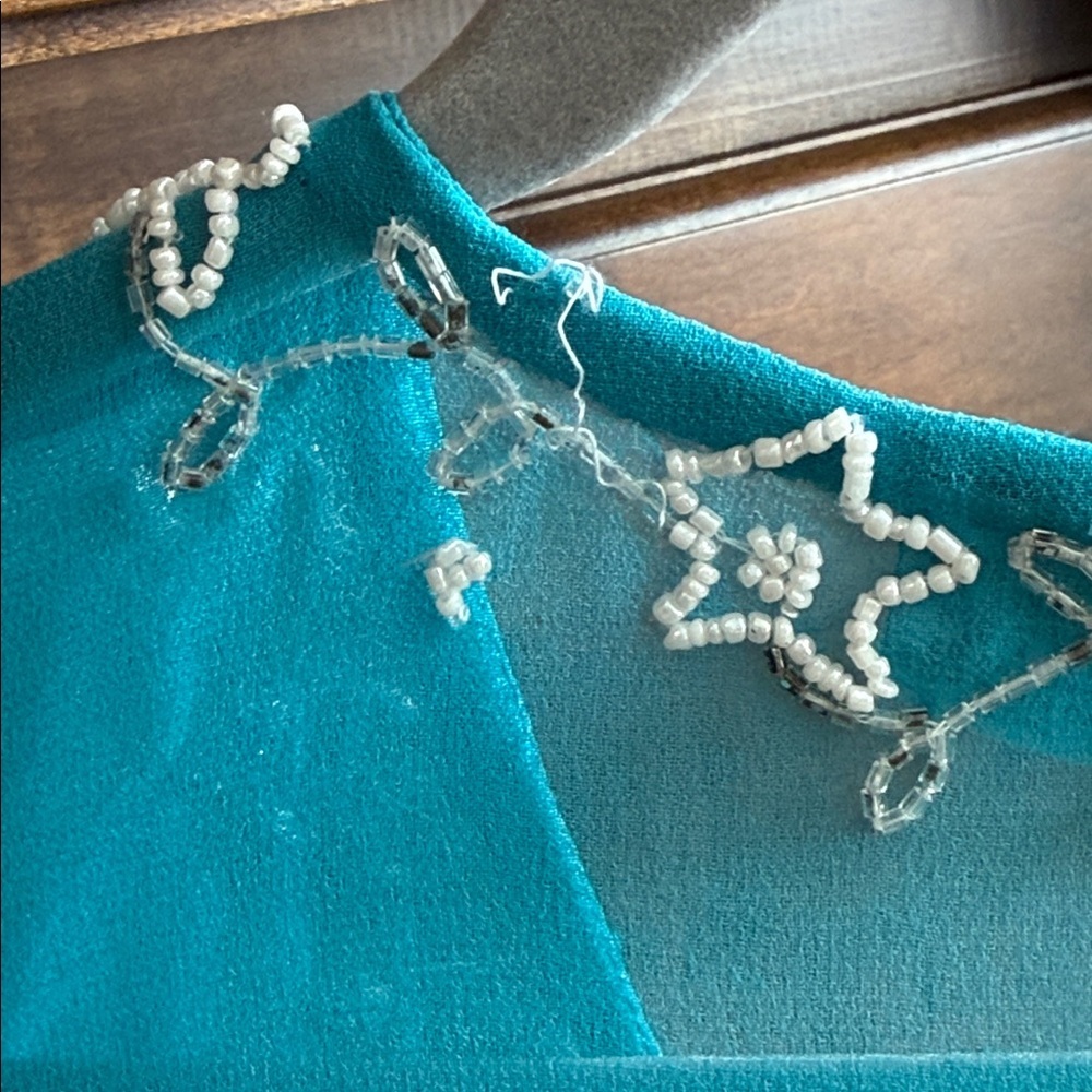 Turquoise semi sheer beaded embellished asymmetrical swim cover/ tunic Y2K M - Picture 12 of 13